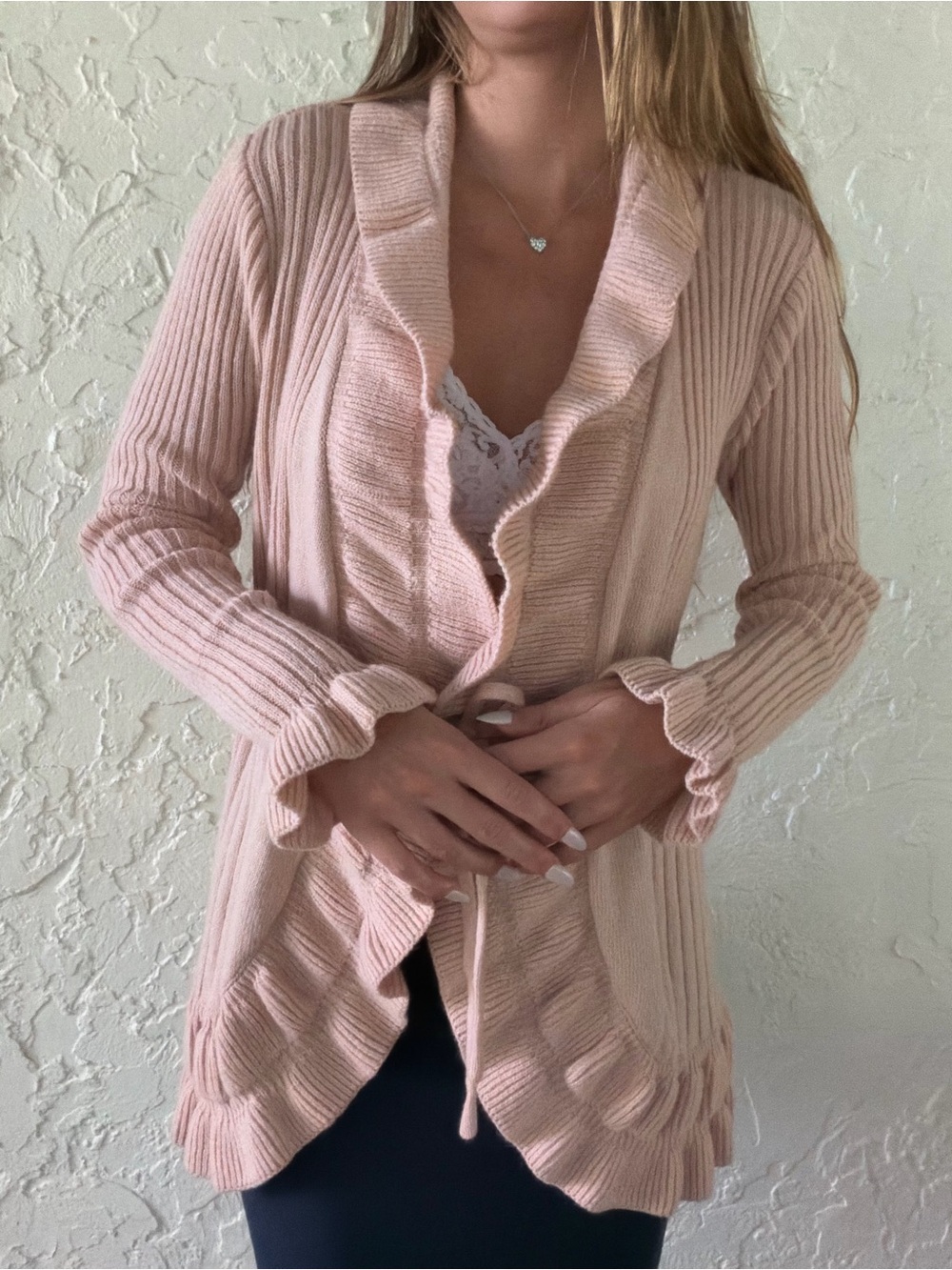 Cache Blush Pink Ruffle-Trim Open Cardigan
